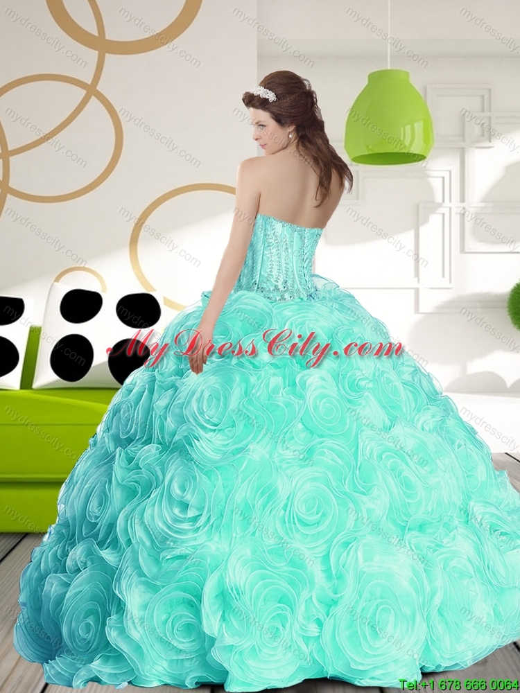 2015 Romantic Ball Gown Beaded Detachable Quinceanera Dresses with Rolling Flowers