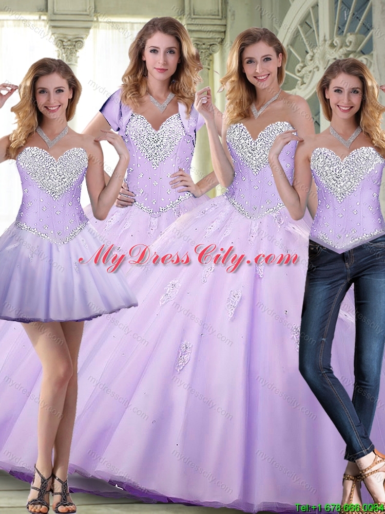 Elegant 2015 Beaded and Appliques Lavender Detachable Quinceanera Dresses