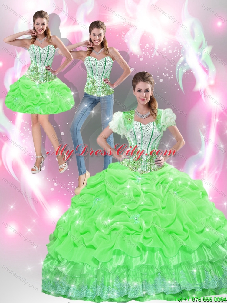 Latest Spring Green Detachable Quinceanera Dresses with Appliques and Pick Ups