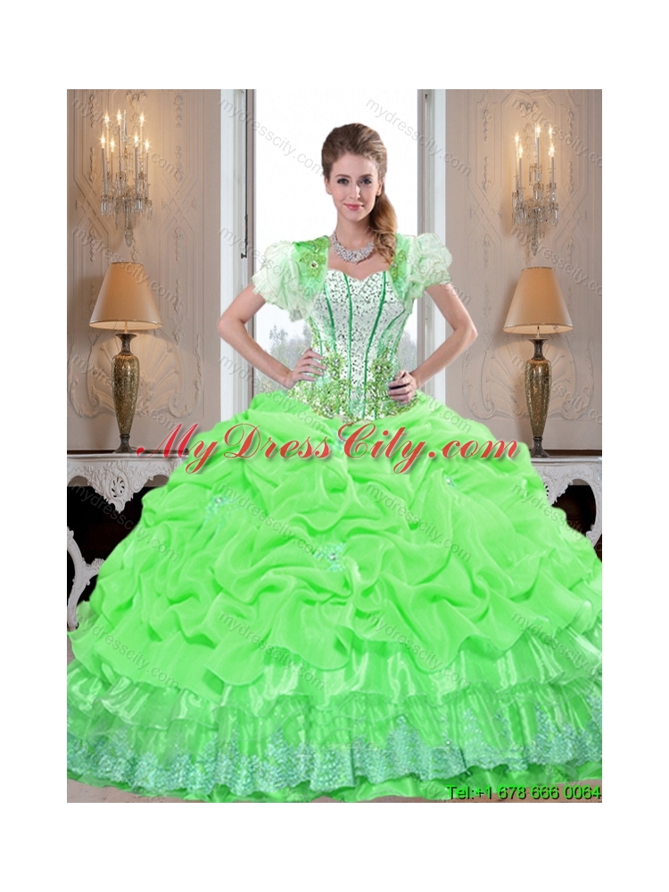 Latest Spring Green Detachable Quinceanera Dresses with Appliques and Pick Ups