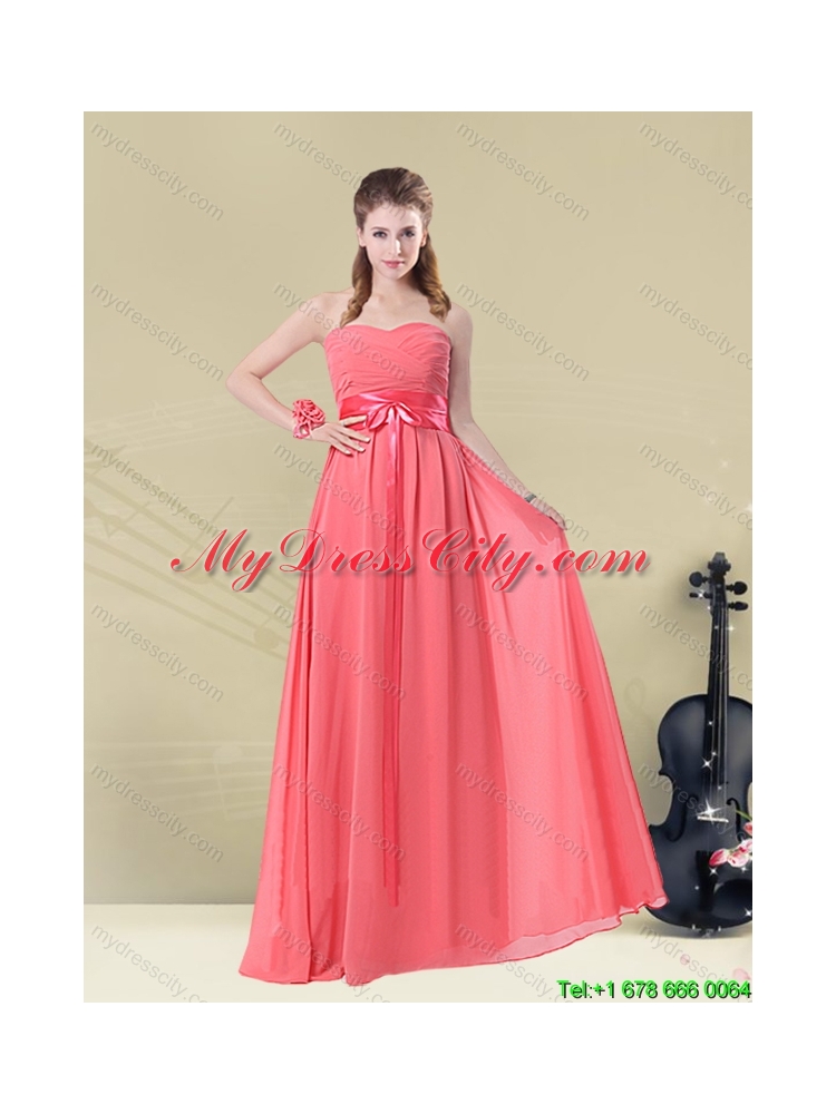 Pretty  Sweetheart Watermelon Long 2015 Summer Dama Dresses with Bow Belt