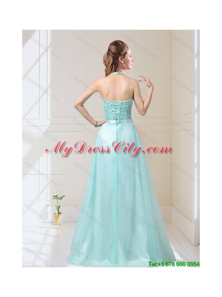 Elegant Empire Halter Top Laced Mint Bridesmaid Dresses with Sash