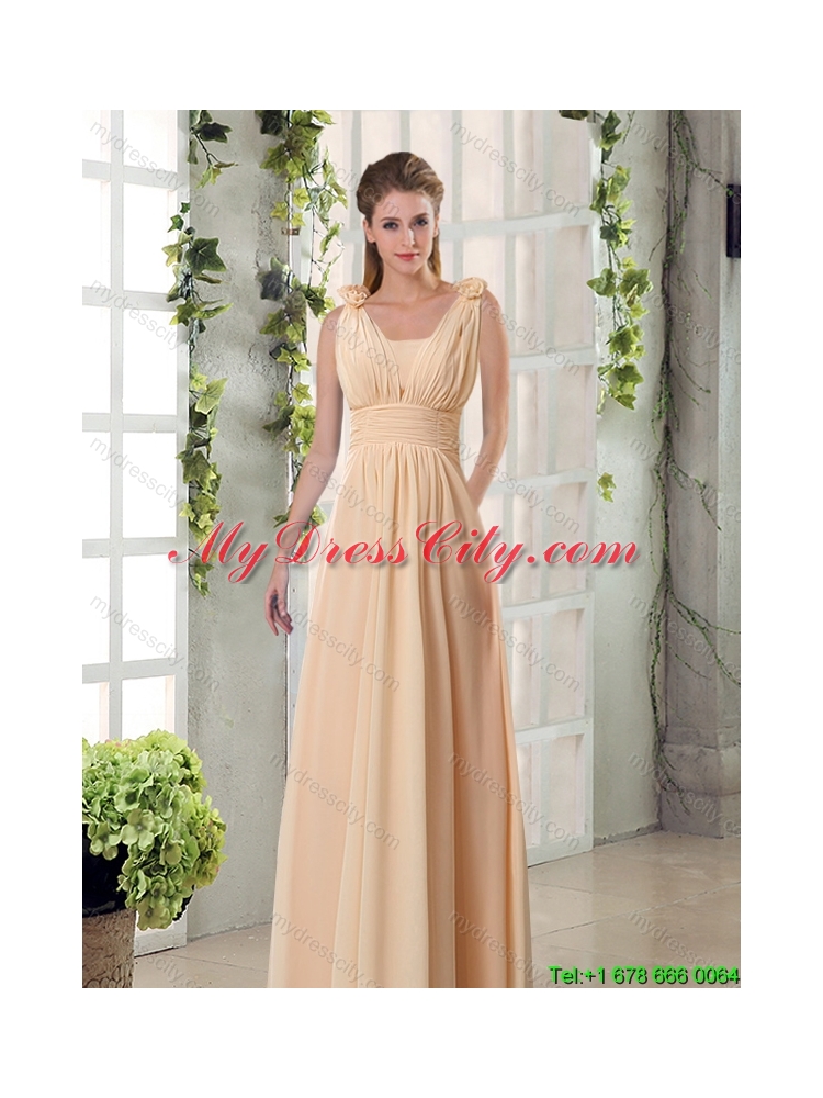 2015 Luxurious Champagne Ruching Chiffon Dama Dresses