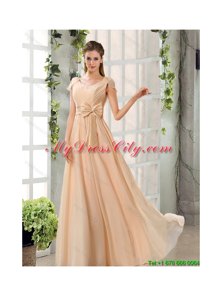 2015 Luxurious Champagne Ruching Chiffon Dama Dresses