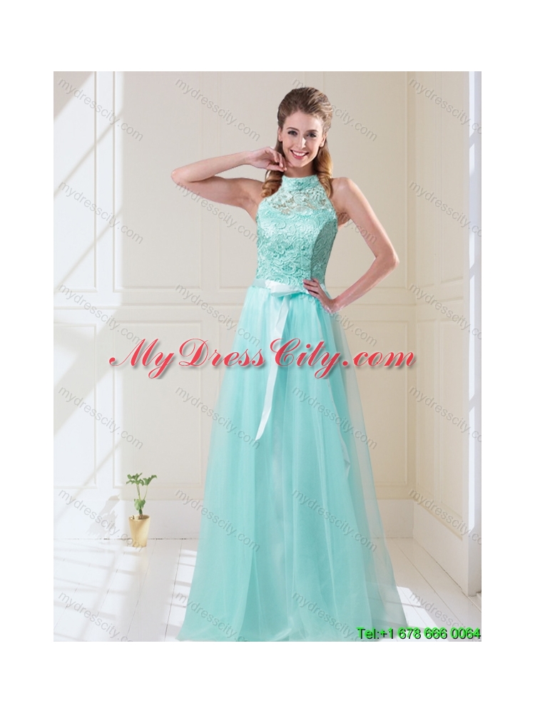 Elegant Empire Halter Top Laced Mint Prom Dresses with Sas