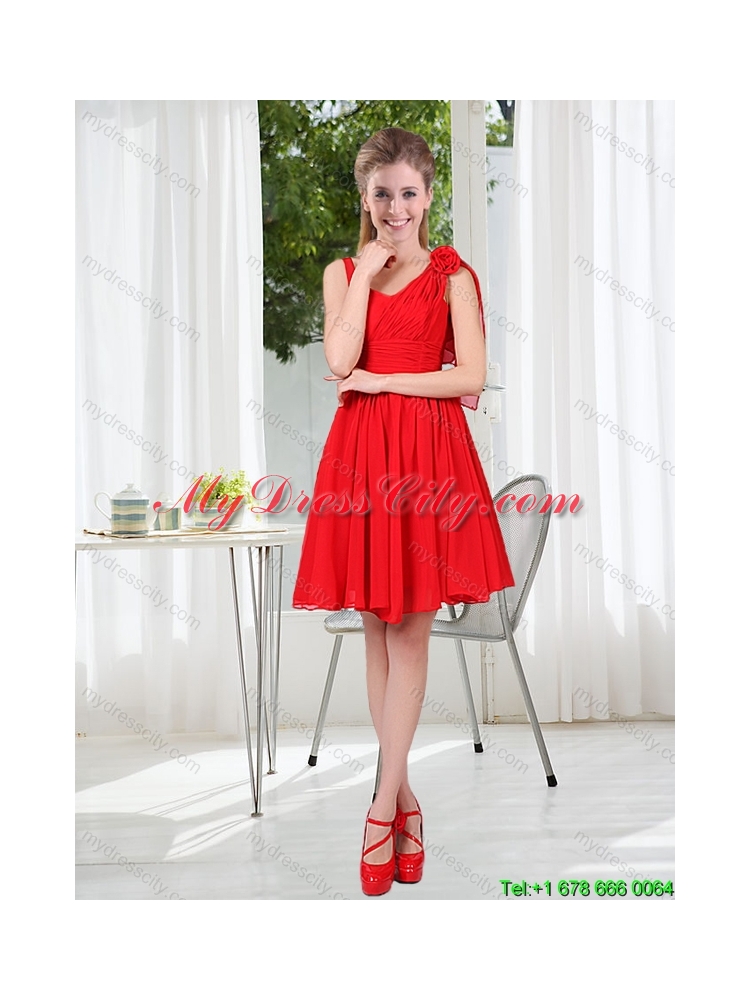 Ruching Hand Made Flowers V Neck 2015 Summer Beautiful Dama Dresses