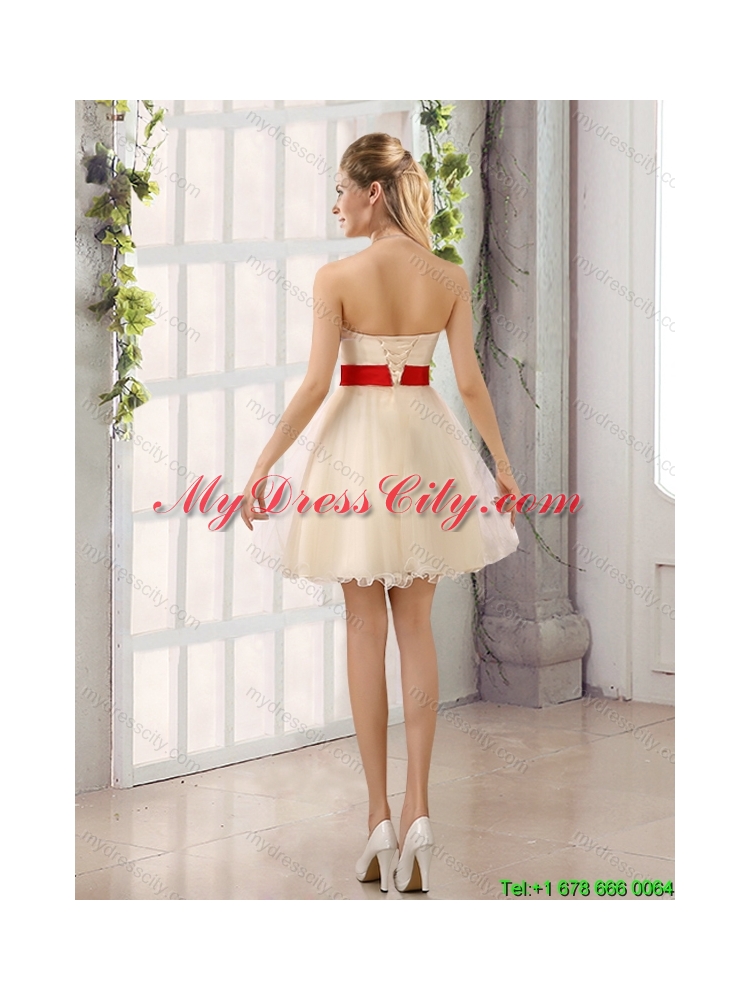 2015 Summer A Line Belt Strapless Top Seller Dama Dress with Mini Length