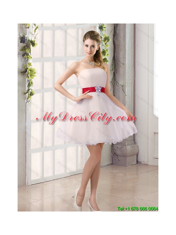 2015 Summer A Line Belt Strapless Top Seller Dama Dress with Mini Length