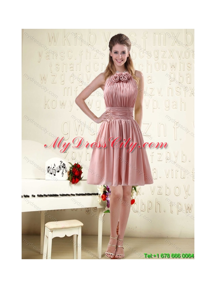 2015 Summer Halter Ruching and Handmade Flowers Empire Chiffon Elegant Dama Dresses