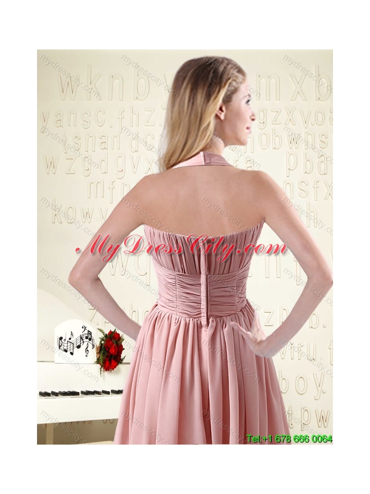 2015 Summer Halter Ruching and Handmade Flowers Empire Chiffon Elegant Dama Dresses