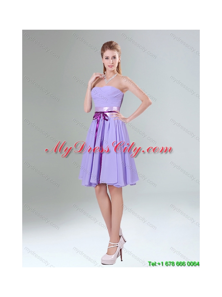 Beautiful 2015 Summer Lavender Ruched Mini Length Dama Dress with Bowknot Sash