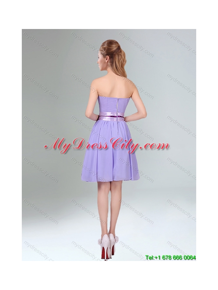 Beautiful 2015 Summer Lavender Ruched Mini Length Dama Dress with Bowknot Sash