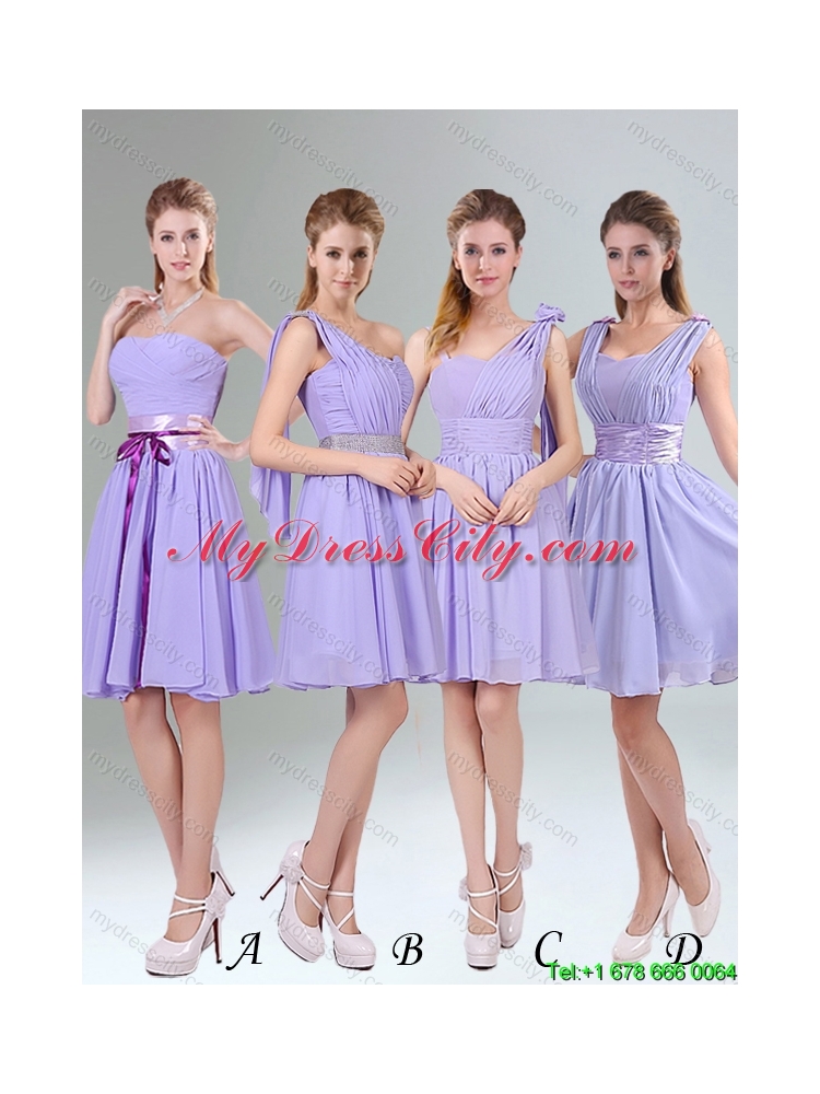 Beautiful 2015 Summer Lavender Ruched Mini Length Dama Dress with Bowknot Sash