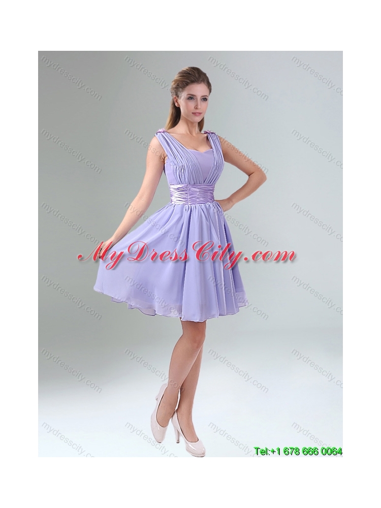 Top Seller 2015 Summer Lavender Princess Mini Length Dama Dress with Ruching