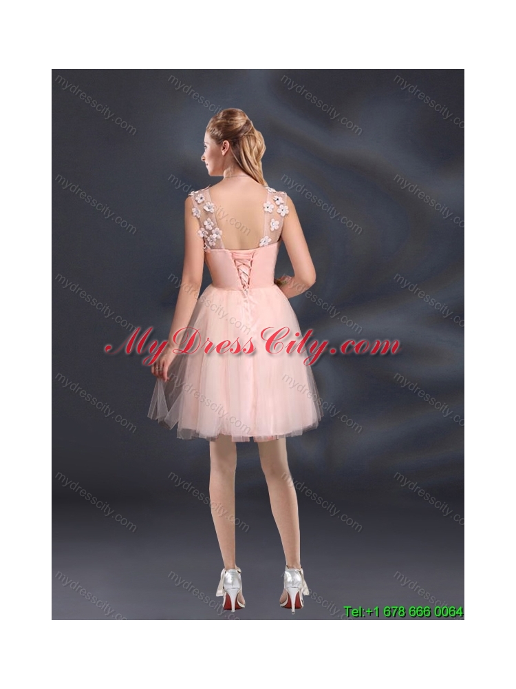 2015 Summer Straps Appliques Pretty Dama Dresses in Baby Pink