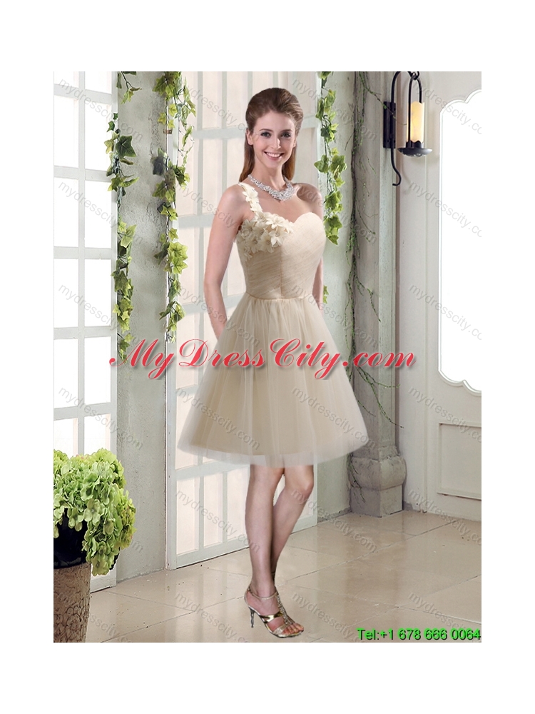 Champagne Ruched Handmade Flowers One Shoulder 2015 Summer New Style Dama Dresses