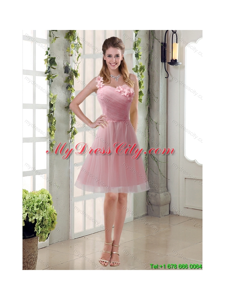 Champagne Ruched Handmade Flowers One Shoulder 2015 Summer New Style Dama Dresses