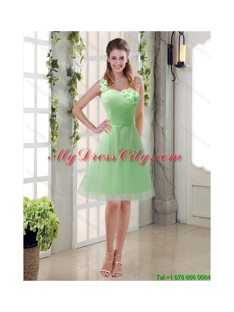 Champagne Ruched Handmade Flowers One Shoulder 2015 Summer New Style Dama Dresses