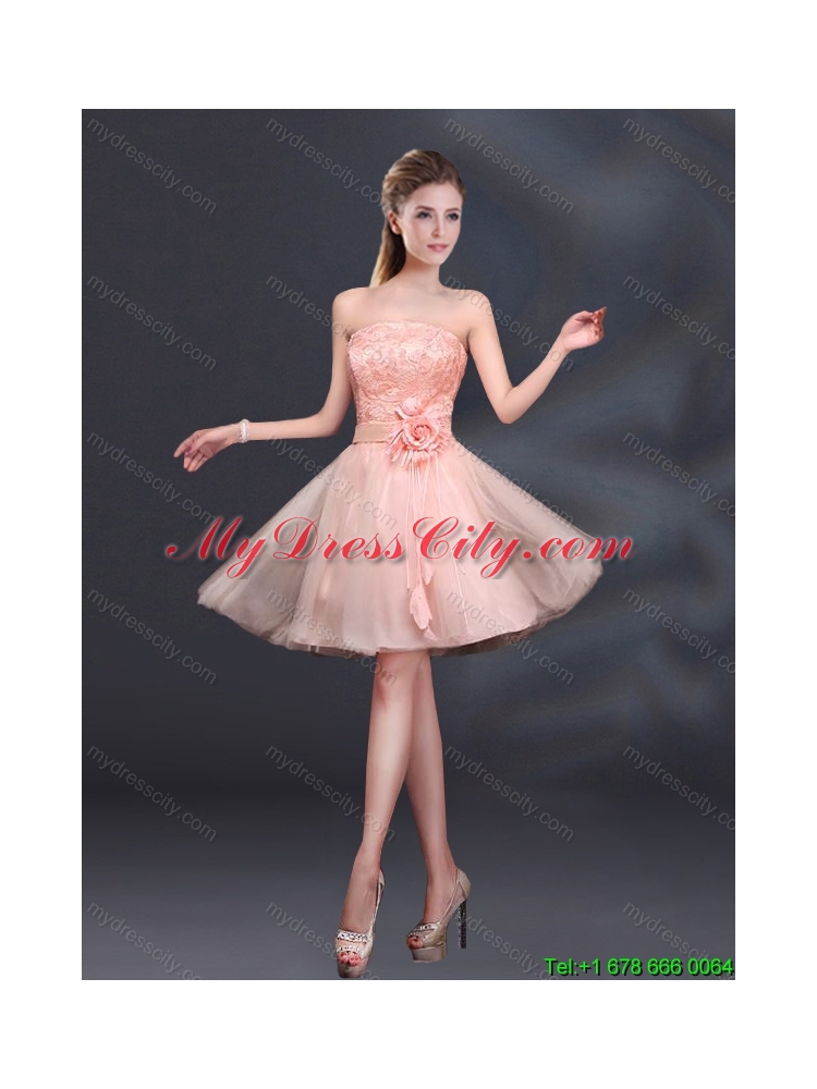 Perfect Strapless A Line Hand Made Flowers Dama Dress for 2015 Summer