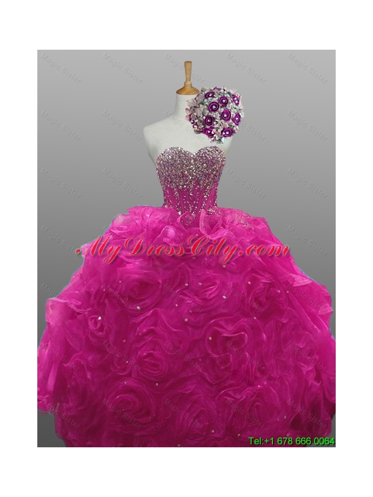 2015 Gorgeous Quinceanera Dresses with Beading and Rolling Flowers