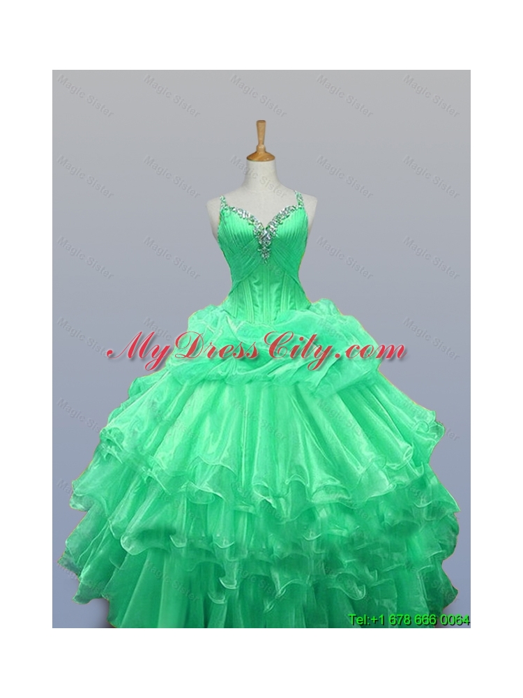 2015 Straps Quinceanera Dresses with Beading and Ruffled Layers