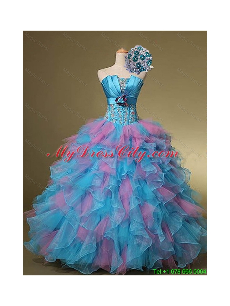 Multi Color Hand Made Flowers and Beaded Quinceanera Dresses for 2015 Summer