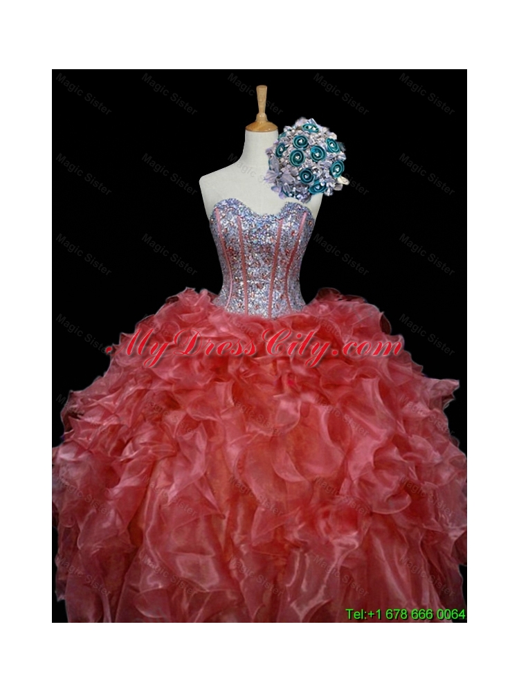 New Style Ball Gown Sweet 16 Dresses with Sequins and Ruffles in Rust Red