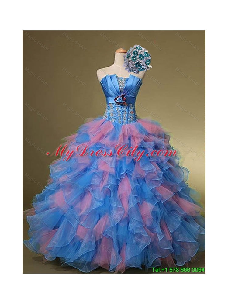 2015 Beautiful Strapless Quinceanera Dresses with Hand Made Flowers and Beading