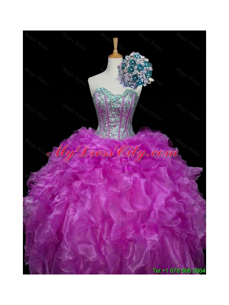 2015 Perfect Ball Gown Fuchsia Quinceanera Dresses with Sequins and Ruffles