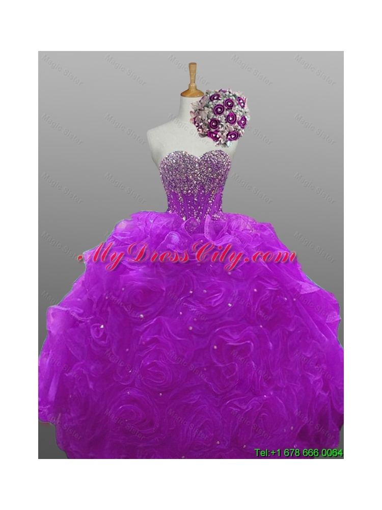 2015 Natural Quinceanera Dresses with Beading and Rolling Flowers