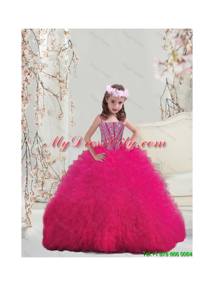 Lovely Spaghetti Hot Pink Little Girl Pageant Dresses with Beading and Ruffles