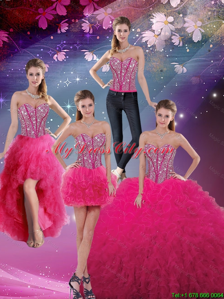 Pretty Sweetheart Beaded and Ruffles Detachable Quinceanera Dresses in Hot Pink