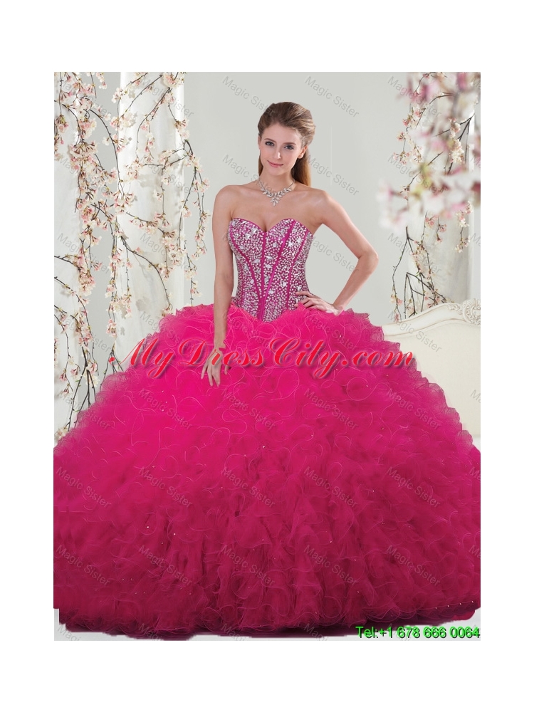 Pretty Sweetheart Beaded and Ruffles Detachable Quinceanera Dresses in Hot Pink