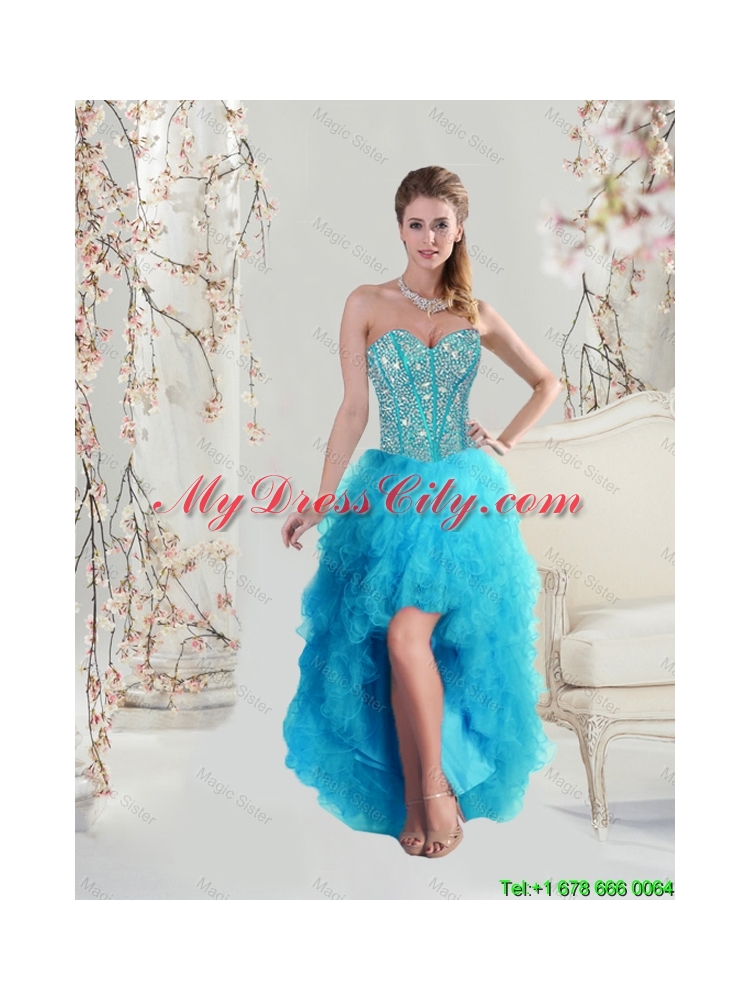 2016 Beautiful Sweetheart Beaded and Ruffles Turquoise Prom Dresses High Low