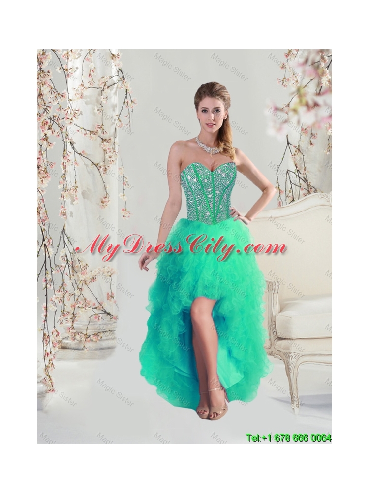 Comfortable High Low Beaded and Ruffles Apple Green Prom Dresses for 2016