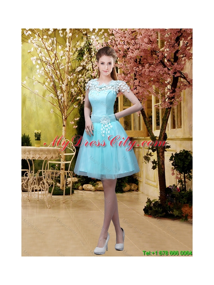 Luxurious A Line Belt and Appliques Prom Dresses with Cap Sleeves