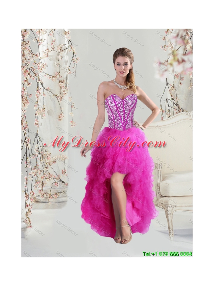 2016 Inexpensive High Low Sweetheart Fuchsia Dama Dresses with Beading and Ruffles