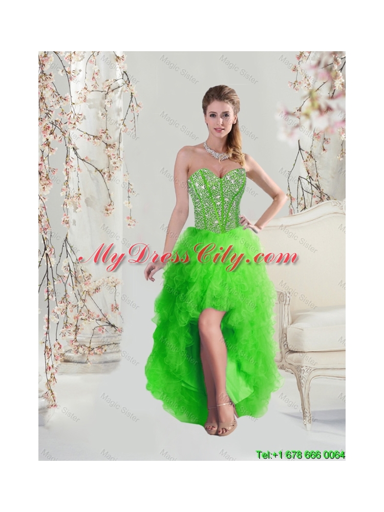 2016 Inexpensive High Low Sweetheart Spring Green Dama Dresses with Beading