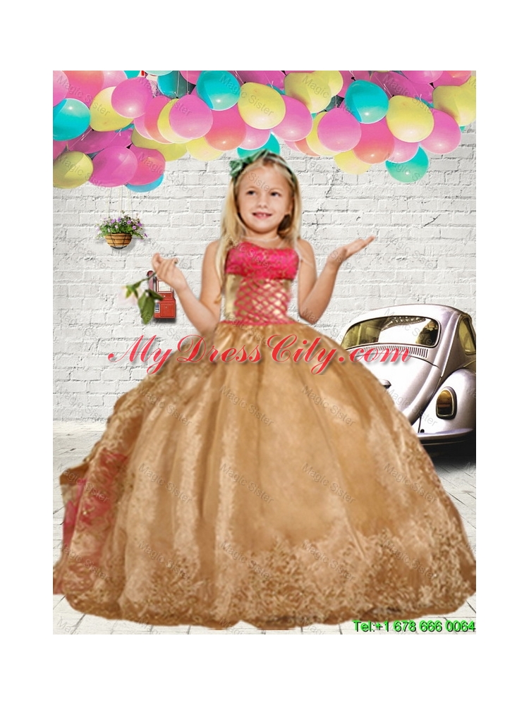 2016 Fall Fashionable Gold Embroidery Little Girl Pageant Dresses with Ruffles