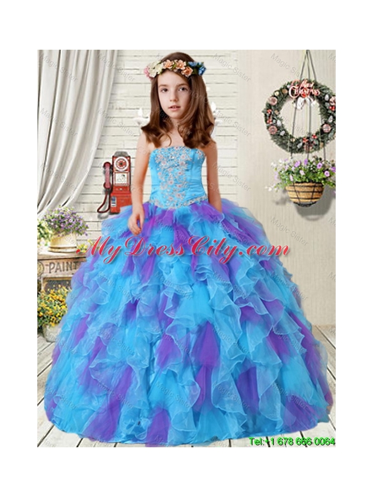 2016 Fall New Style Appliques Little Girl Pageant Dress with Ruffles in Purple and Blue