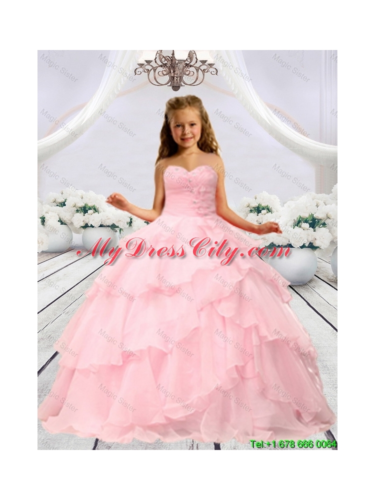 2016 Summer Discount Baby Pink Beaded Decorats Little Girl Pageant Dresses with Layers