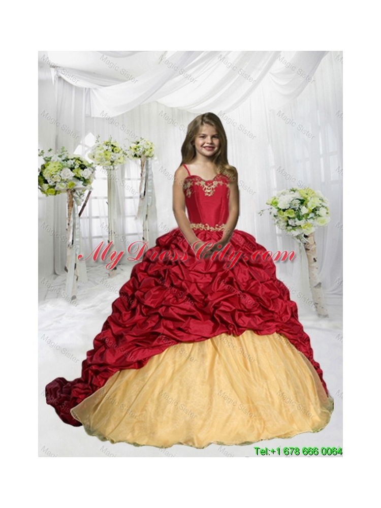 2016 Summer Cheap Spaghetti Straps Pick Ups Little Girl Pageant Dresses with Sweep Train