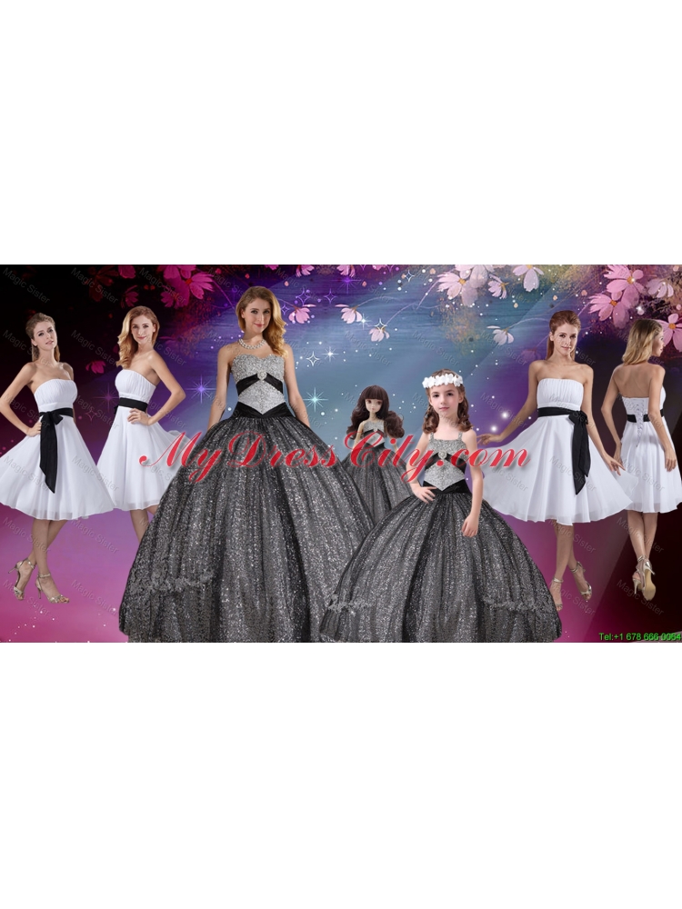 Popular Appliques and Sequined Quinceanera Dresses and White Short Dama Dresses and Cute Straps Little Girl Dresses