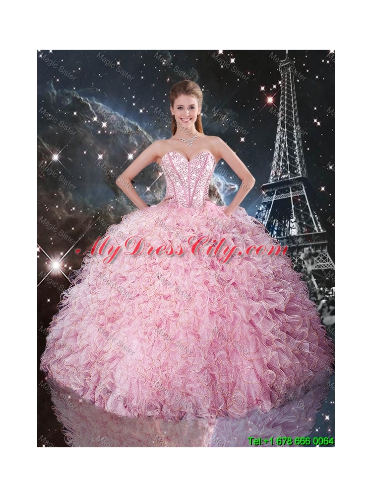 2016 Fall New Style Ball Gown Pink Quinceanera Dresses with Ruffles and Beading