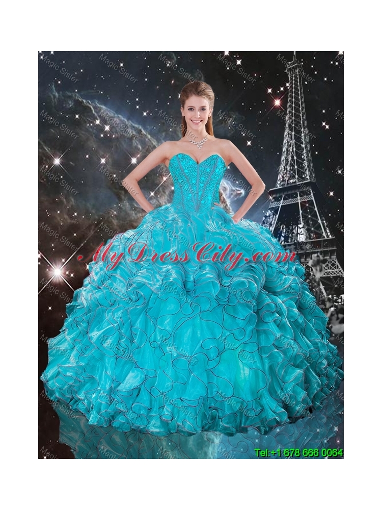 2016 Fall New Style Sweetheart Teal Quinceanera Gowns with Ruffles and Beading