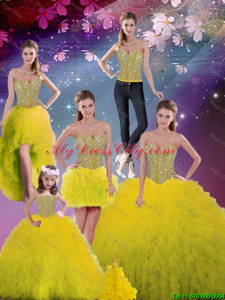 2016 Spring Detachable Sweetheart Yellow Quinceanera Dresses with Beading and Ruffles