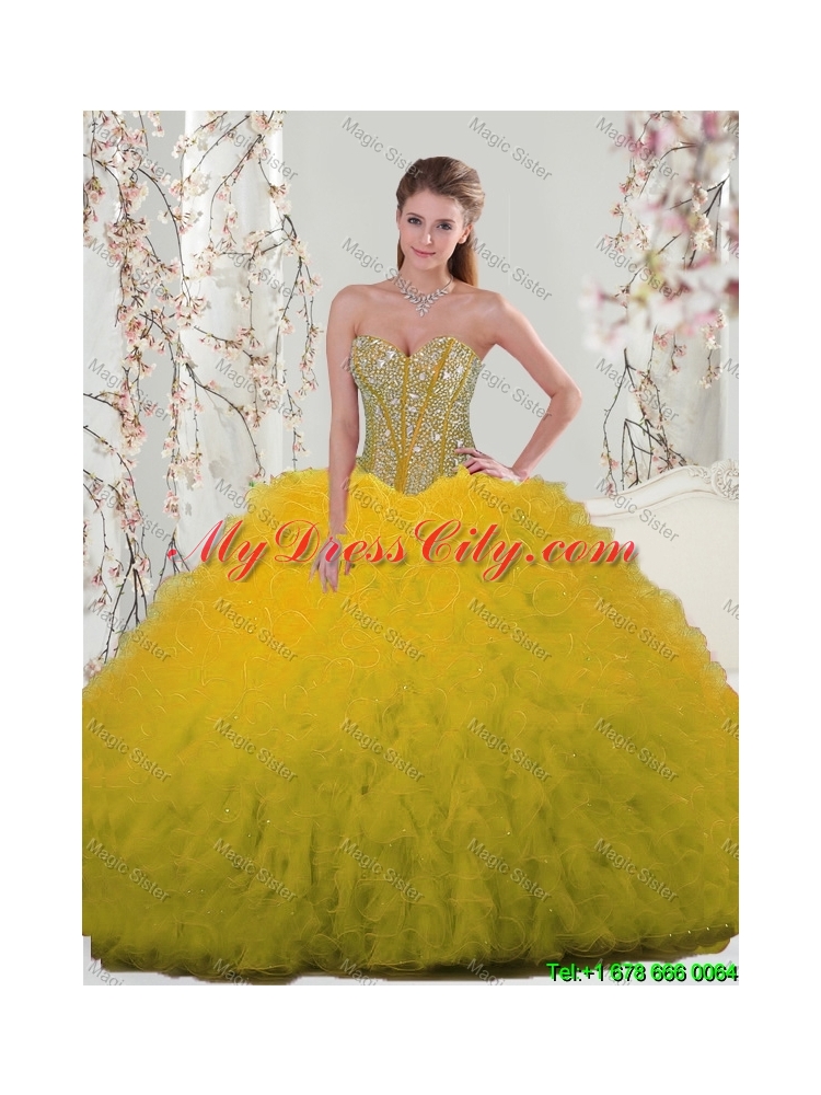 2016 Spring Detachable Sweetheart Yellow Quinceanera Dresses with Beading and Ruffles