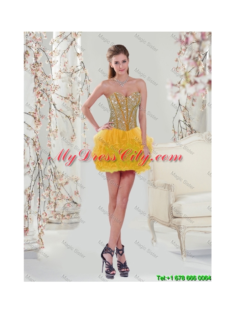 2016 Spring Detachable Sweetheart Yellow Quinceanera Dresses with Beading and Ruffles