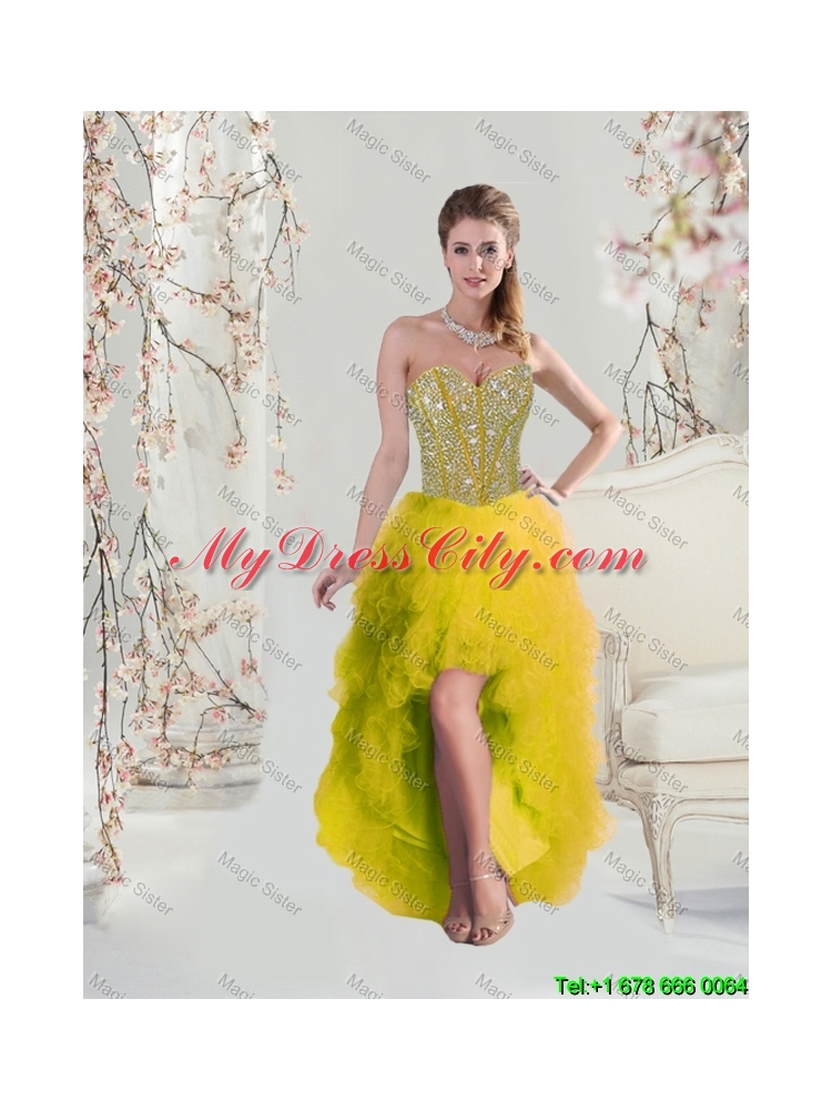 2016 Spring Detachable Sweetheart Yellow Quinceanera Dresses with Beading and Ruffles