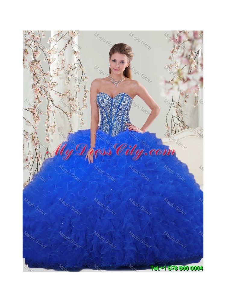 2016 Spring Pretty and Detachable Beaded and Ruffles Sweetheart Sweet 16 Dresses in Royal Blue